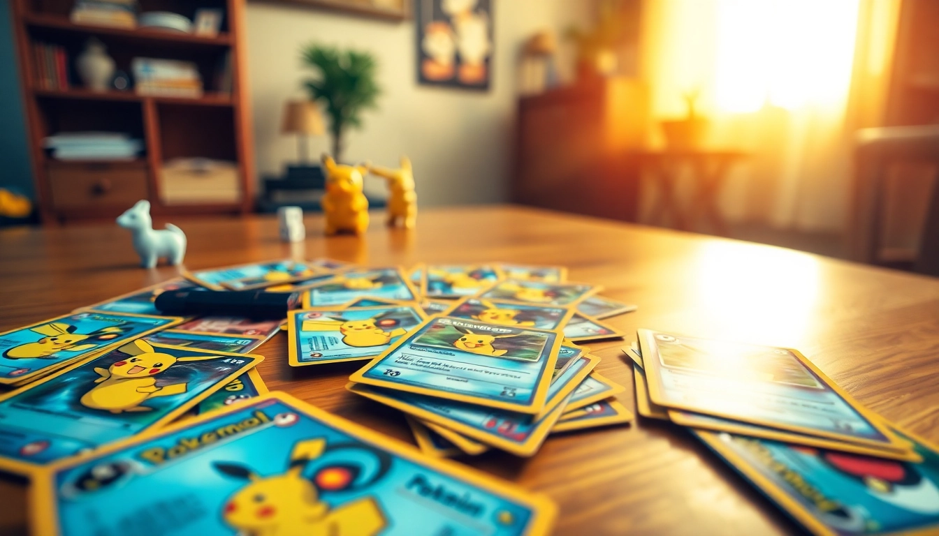 Examine real Pokemon cards featuring colorful designs and iconic characters spread across a wooden table for collectors.