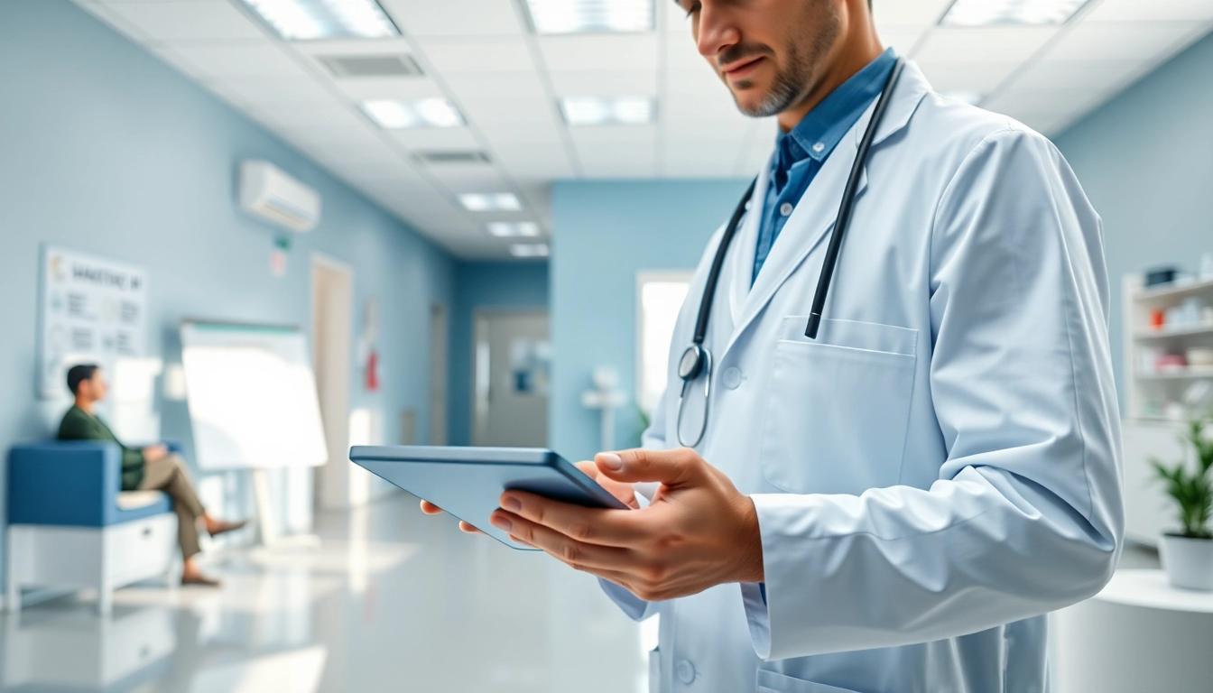 Healthcare professional demonstrating eprescribing platforms with a tablet in a modern clinic.