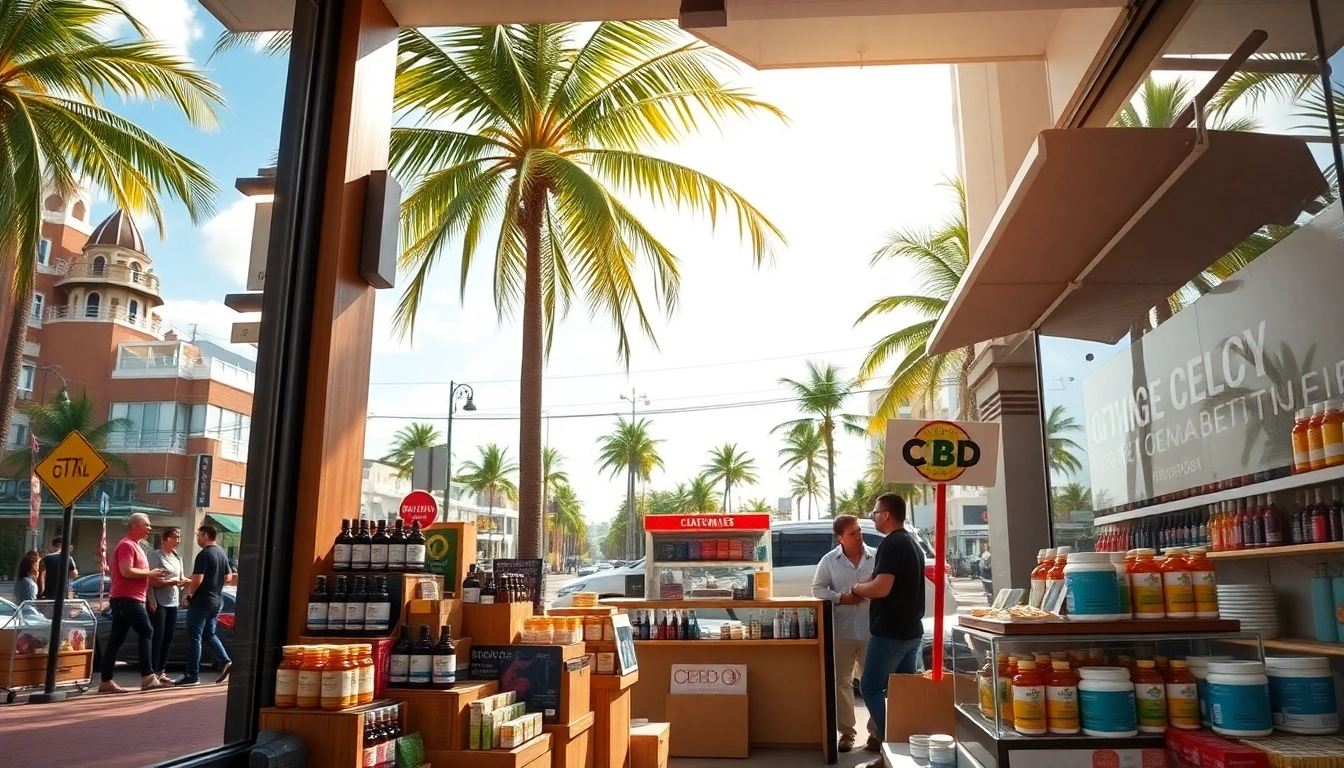 CBD Miami market showcasing a variety of products in a sunny, inviting storefront.